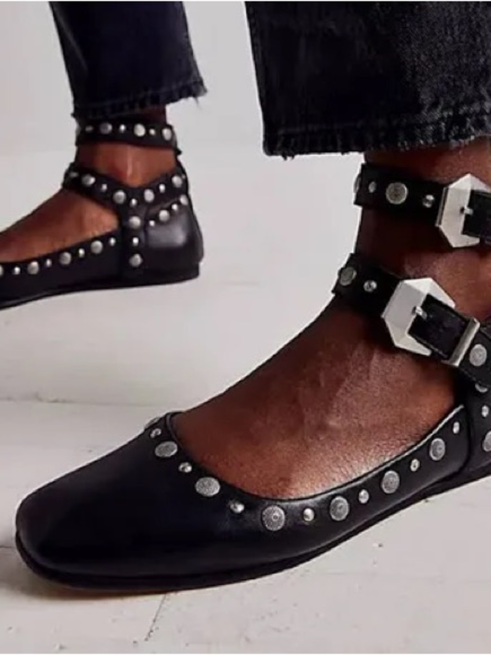 Free people black leather buckle flats size 7.5